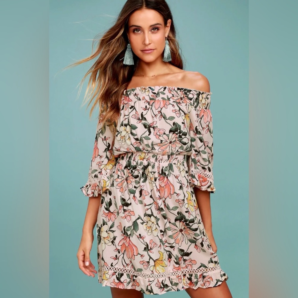 Lulu’s Hello, Darling Blush Pink Floral Print Off-the-Shoulder Dress, small